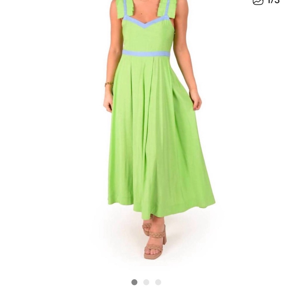 Emily McCarthy Green Maxi Dress with Blue Accents and ruffle straps!